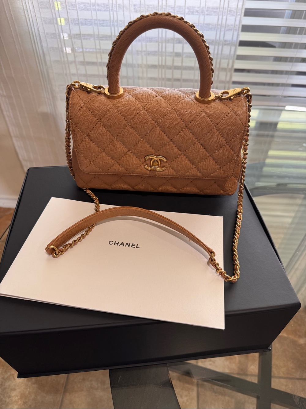 CHANEL Camel Quilted Top Handle Satchel with Gold Chain